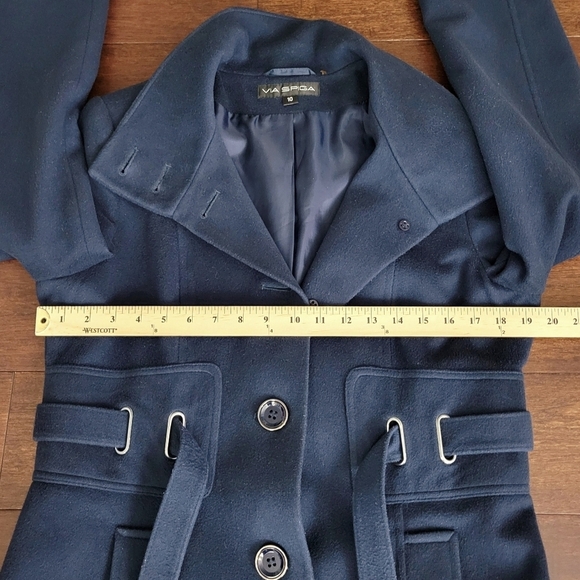 Via Spiga Women's Size 10 Navy Blue Felted 100% Wool Button-Up Belted Coat - Picture 11 of 13